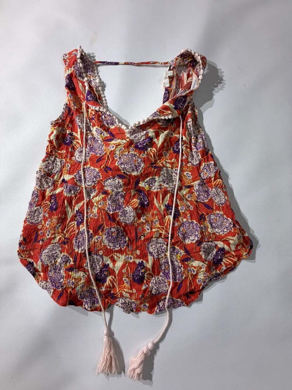 Miss Me Boho Floral Crochet Trim Tassel Tank Top Womens S